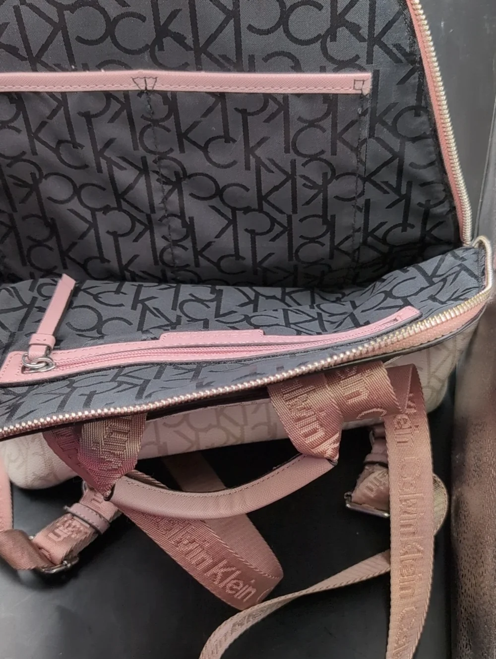 Calvin Klein Blush Pink Leather Monogram Logo Backpack Luggage Bag